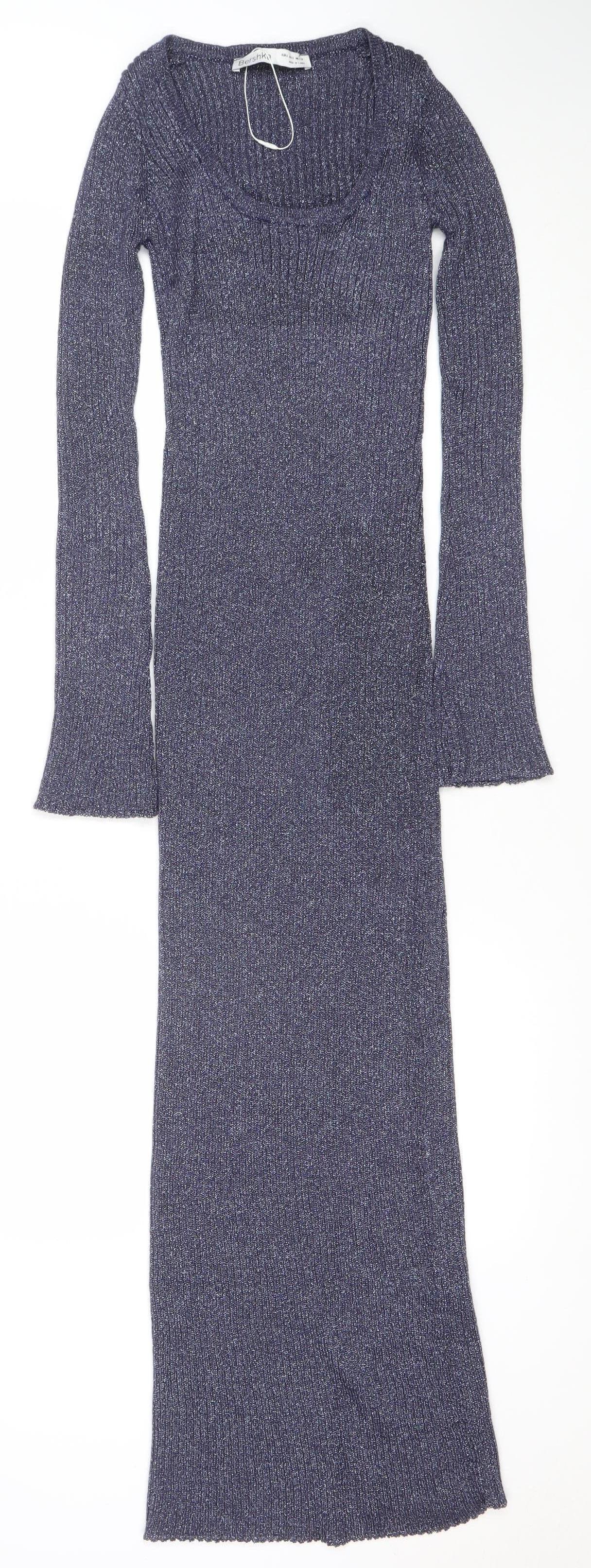 Bershka Women’s Blue Metallic Knit Long Sleeve Bodycon Midi Dress Size S