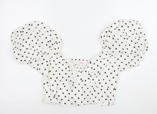Savida Women White Polka Dot Cropped Puff Sleeve Blouse Size 14