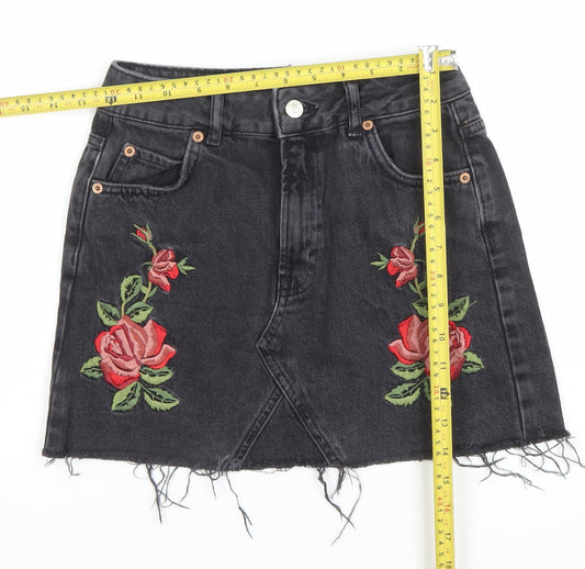 Topshop Women’s Black Embroidered Denim Mini Skirt UK 8
