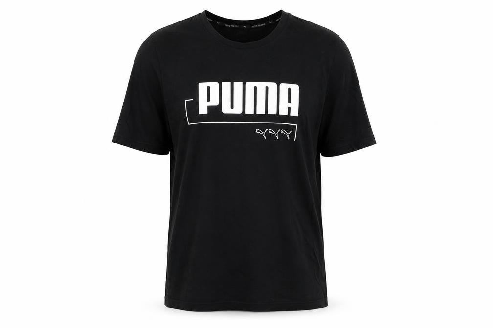 Front view of Puma Men's Black Moisture Wicking Large Logo Sports T-Shirt, size L