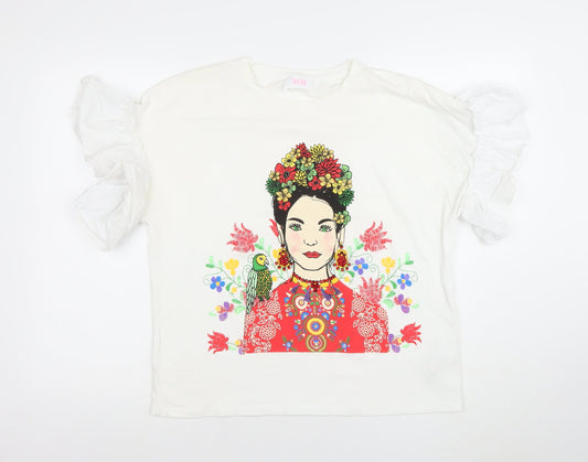 Savior Women White Large Graphic Puff Sleeve T-Shirt