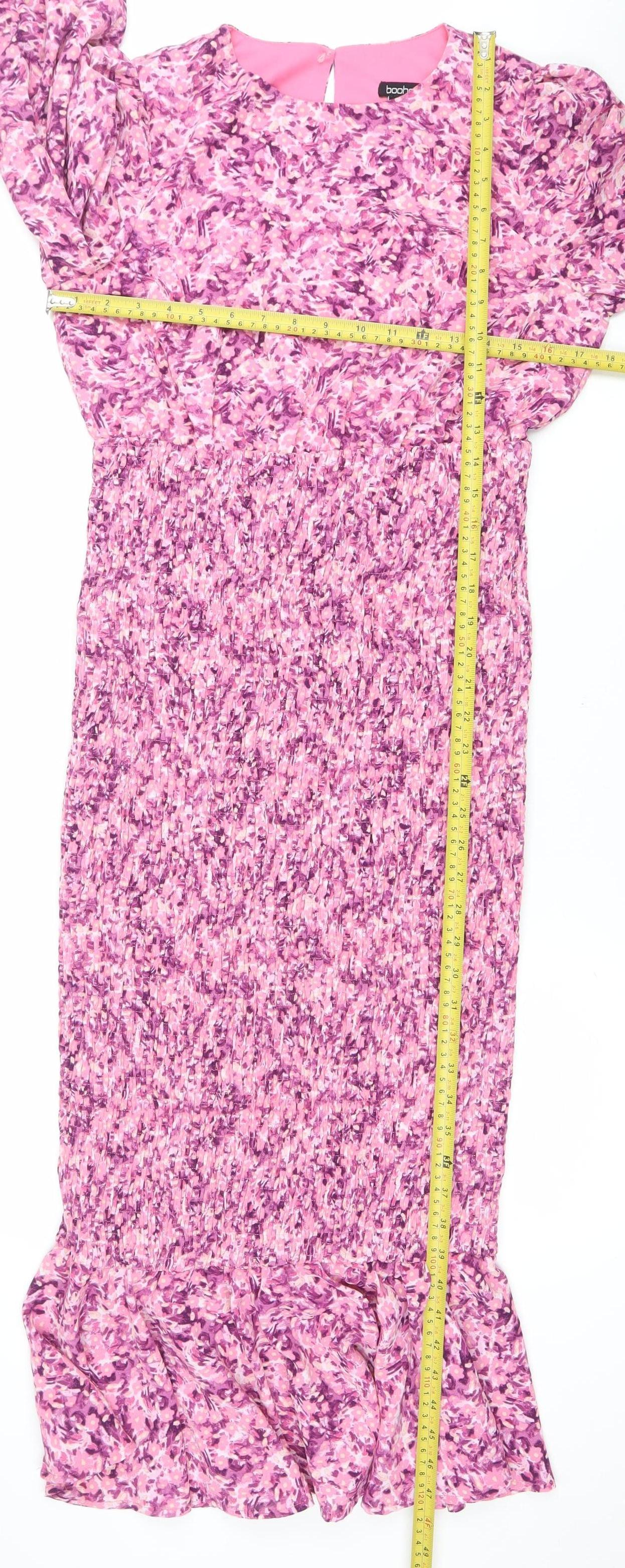 Boohoo Women’s Pink Floral Bodycon Midi Dress Size 12 Long Sleeve