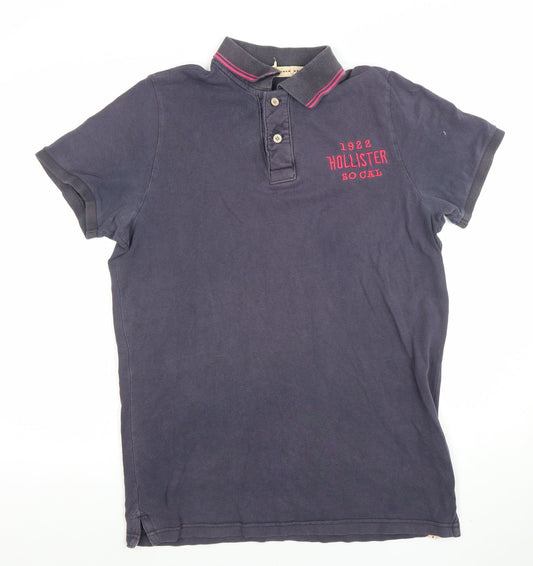 Hollister Men Navy Blue Short Sleeve Polo Shirt Size L Cotton Casual
