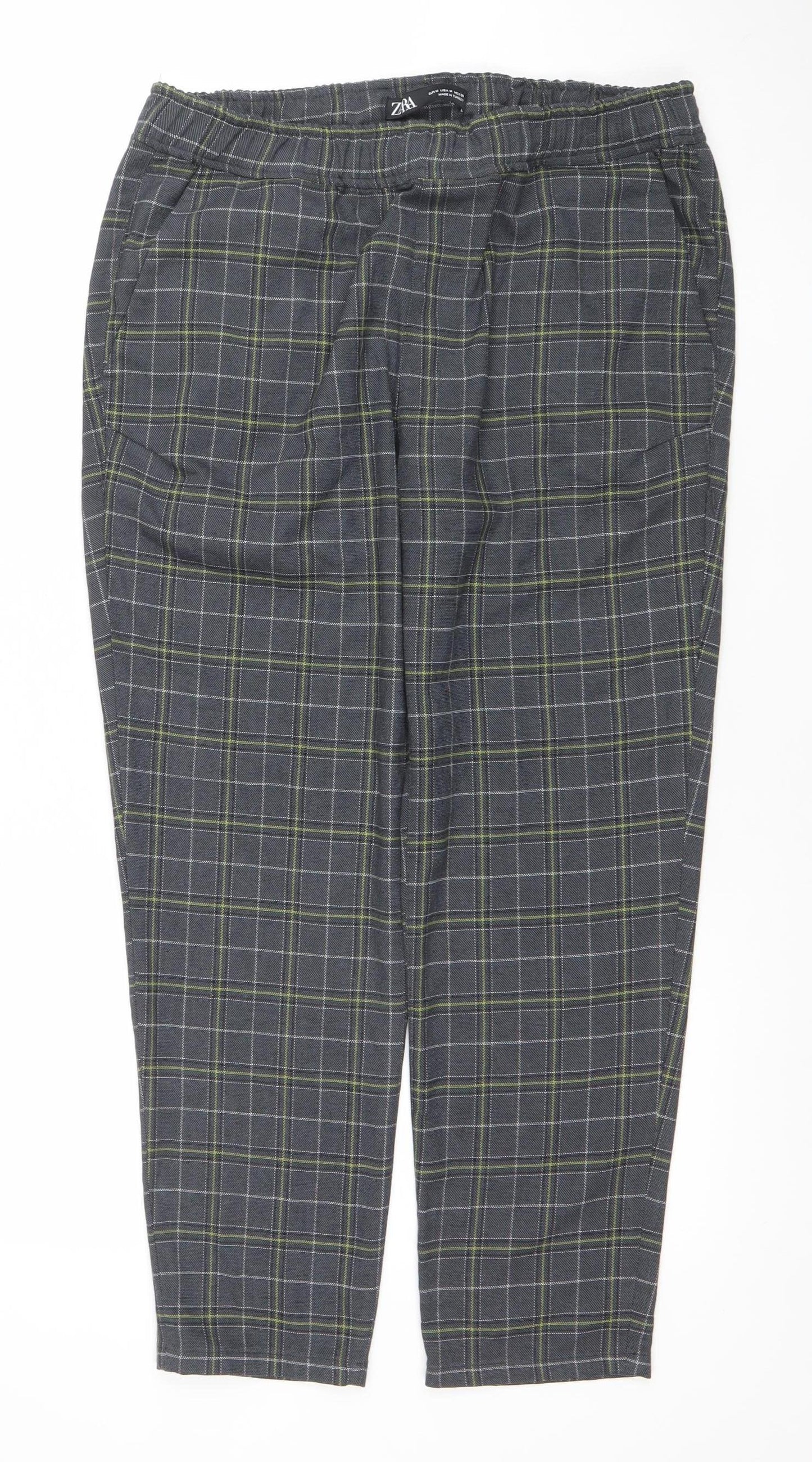 ZARA Womens Grey Check Chino Trousers Size M Elastic Waist