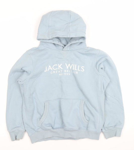 Jack Wills Boys Blue Pullover Hoodie 12-13 Years Cotton Blend Logo Print