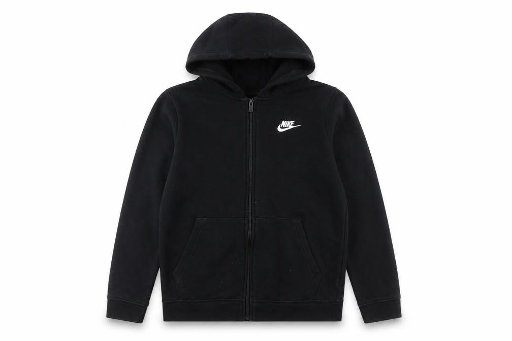 Front view of Nike boys’ black full zip hoodie l 147–158cm cotton blend logo hooded sweatshirt