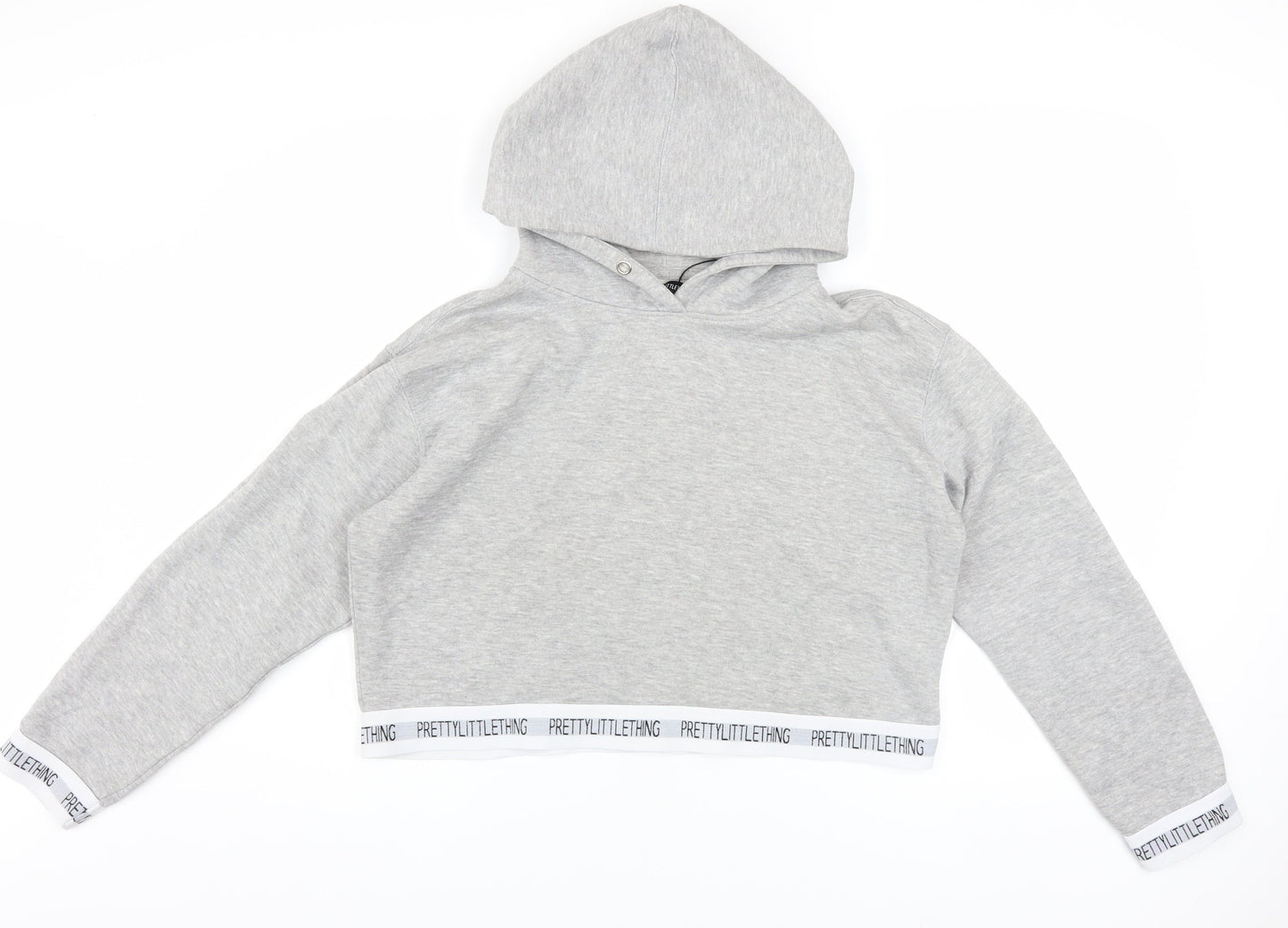 PrettyLittleThing Women’s Grey Cropped Hoodie Size M Pullover Logo Trim