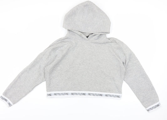 PrettyLittleThing Women’s Grey Cropped Hoodie Size M Pullover Logo Trim