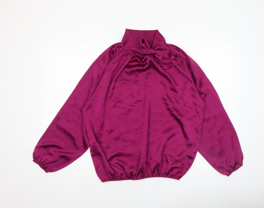 Pala D’Oro Women’s Purple Satin High Neck Bow Blouse Size S