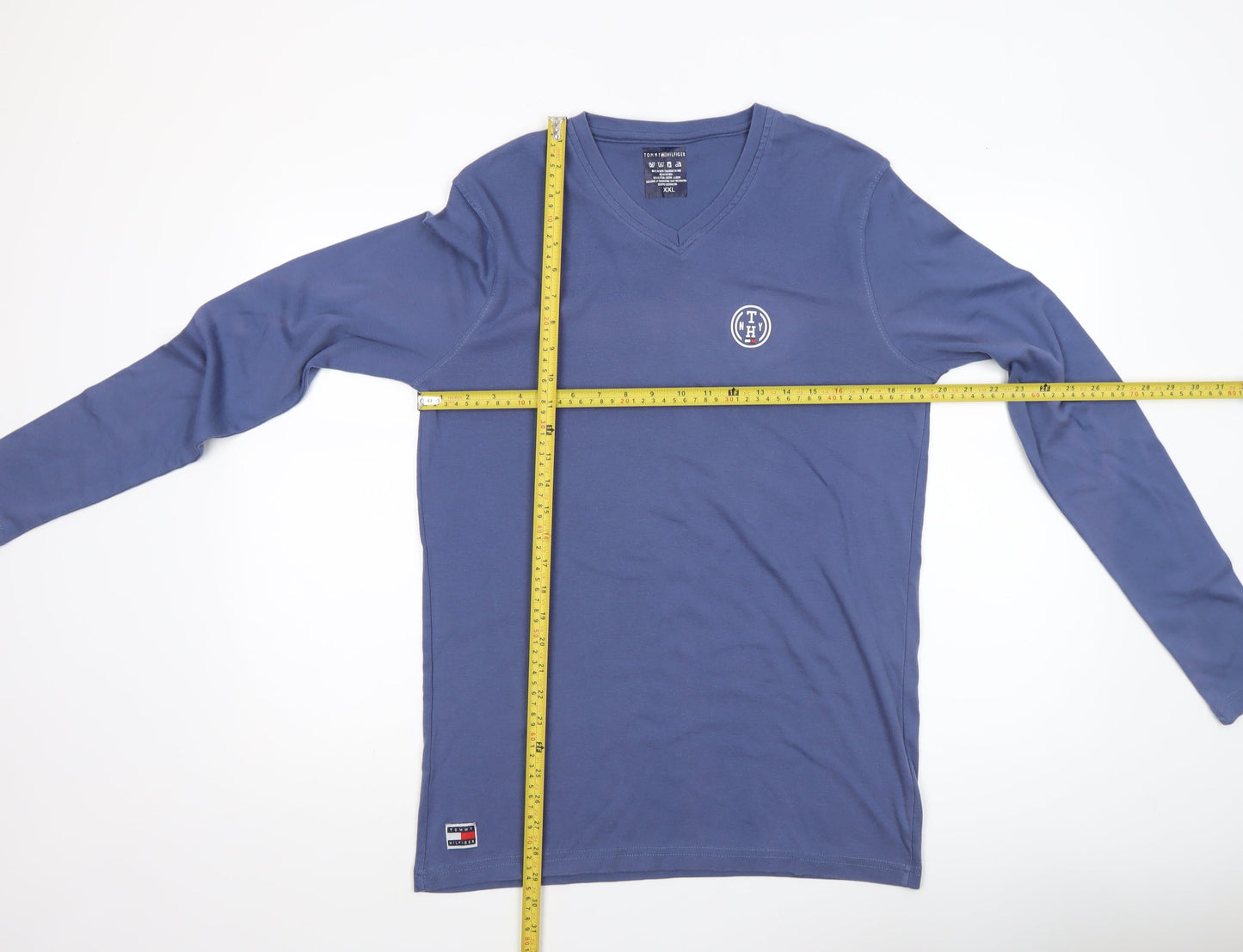 Tommy Hilfiger Men's Blue 2XL Long Sleeve V-Neck Cotton Top