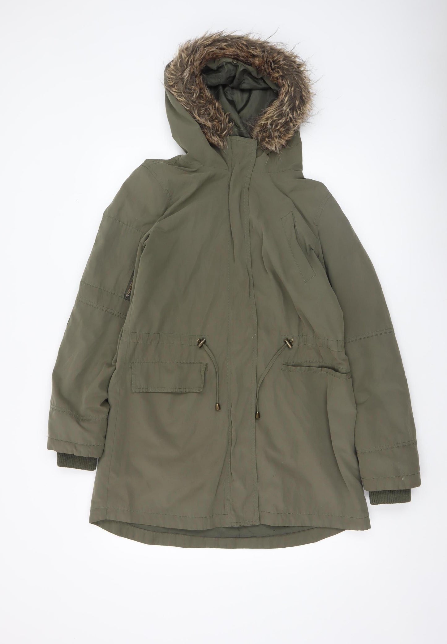Oasis Women’s Green Parka Coat S Faux Fur Hooded Winter Jacket