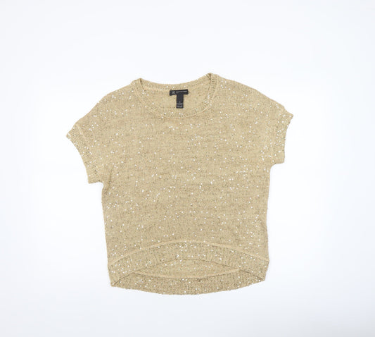 INC International Concepts Beige Sequin Knit Petite M Women's Short Sleeve Jumper