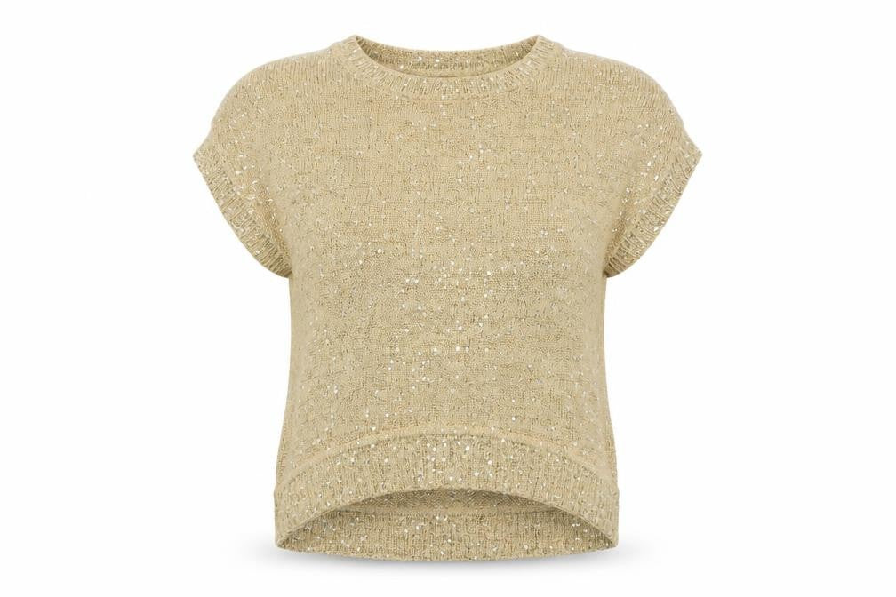 INC International Concepts Beige Sequin Knit Petite M Women's Short Sleeve Jumper