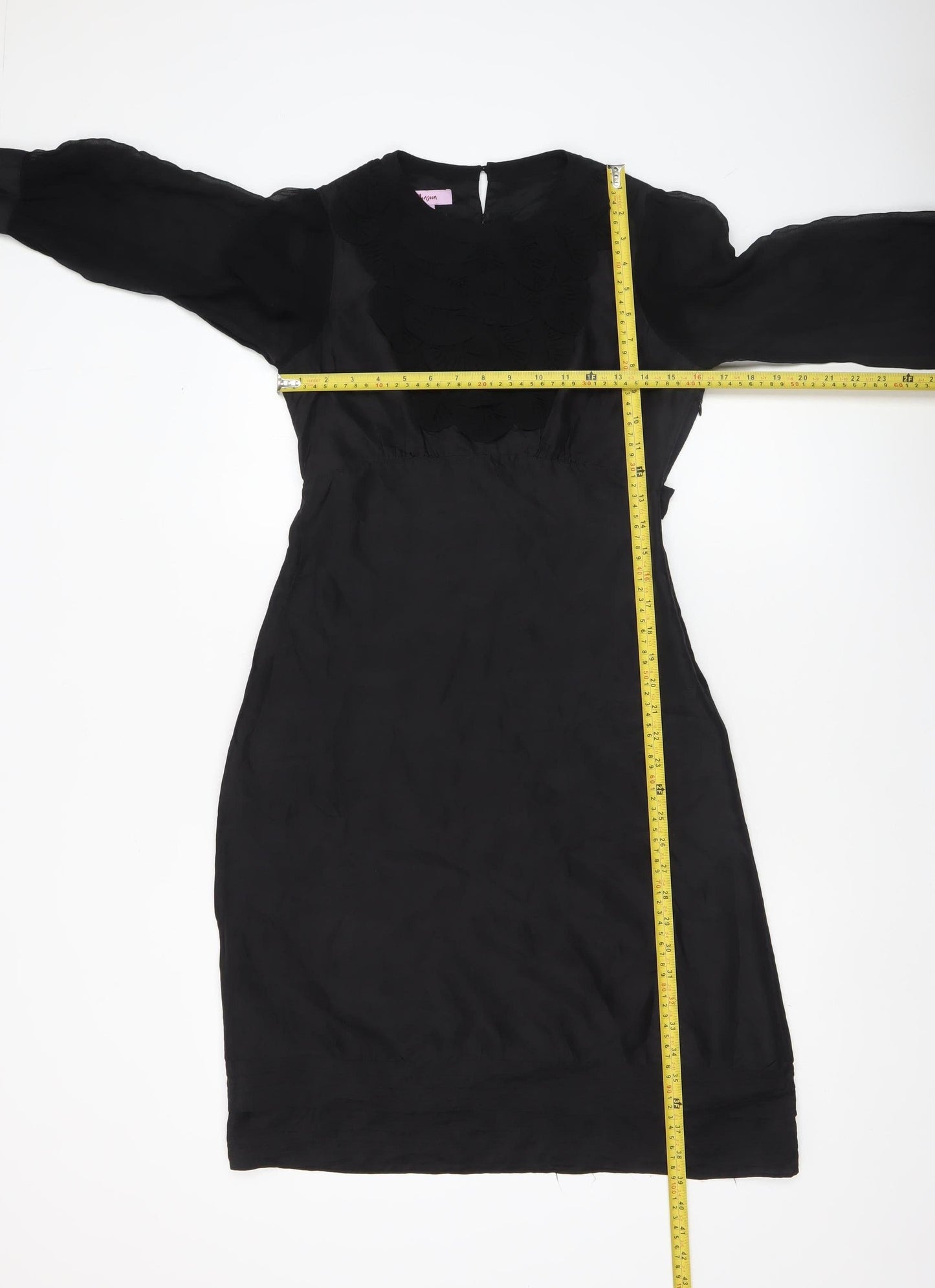 Monsoon Women Black Silk Shift Dress Size 8 Long Sleeve Knee Length