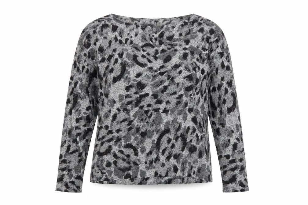 Front view of Principles women’s grey animal print knit blouse, size UK 14