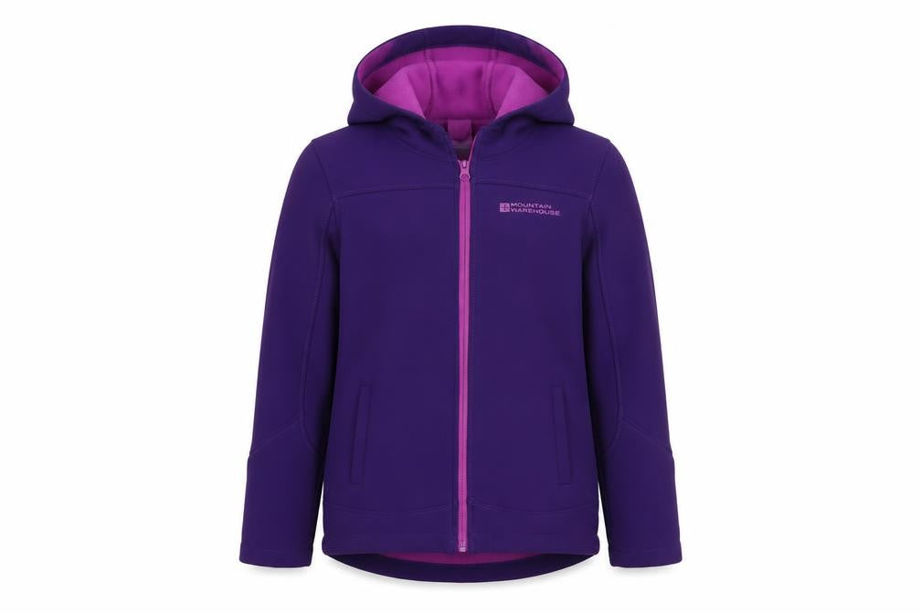 Front view of Mountain Warehouse girls’ purple hooded softshell jacket 7-8 years