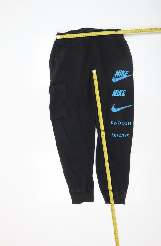 Nike Men’s Black Jogger Cargo Trousers S Small Logo Print Fleece