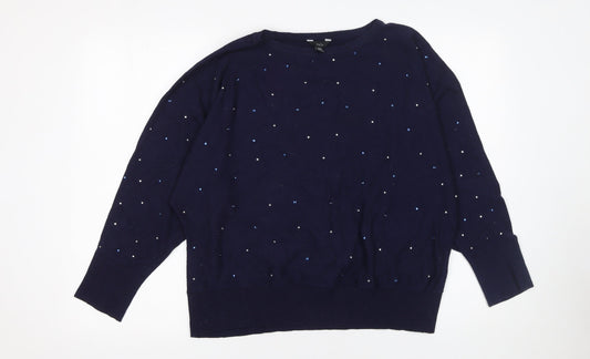 M&Co Women’s Blue Beaded Crew Neck Long Sleeve Jumper Size 18