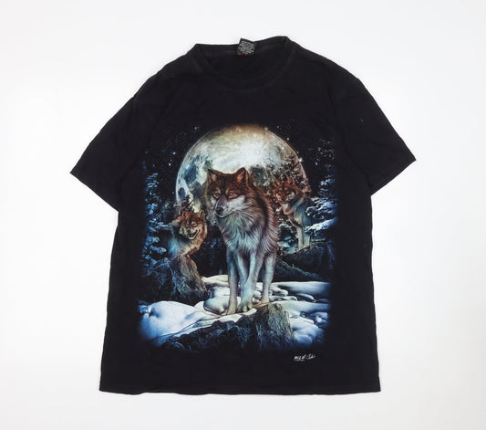 Wild Men's Black Wolf Graphic T-Shirt Size L Vintage Nature Tee