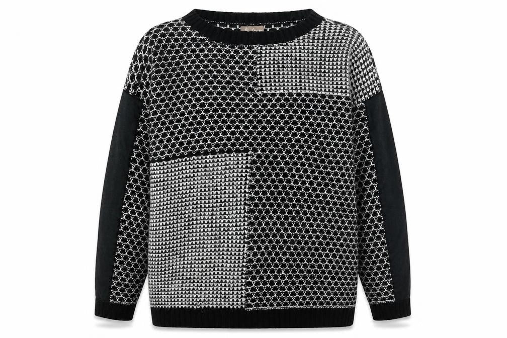 Front view of Soon Women's Black & White Patch Knit Jumper, size 14, Classic Style