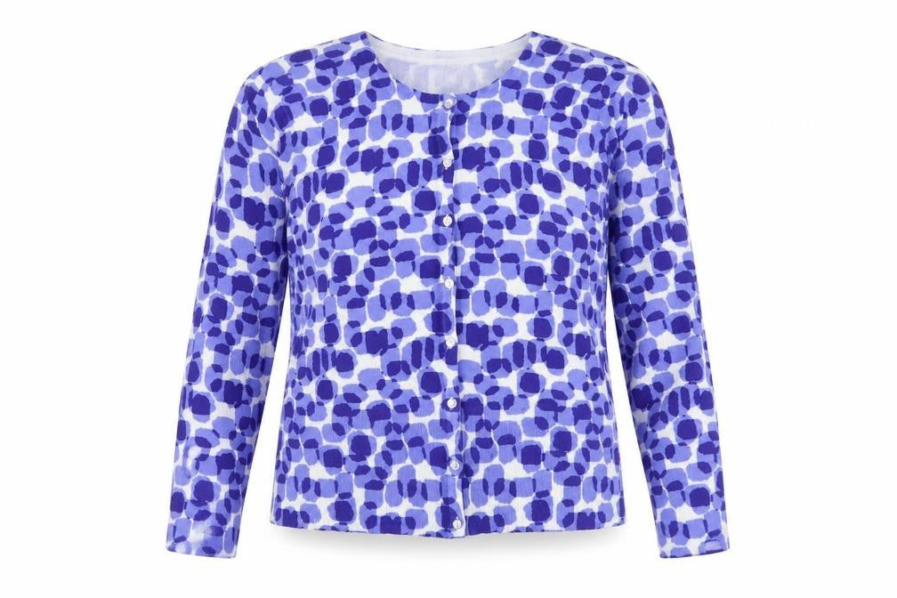 Front view of Linea Women’s Blue Geometric Lightweight Knit Cardigan, size L