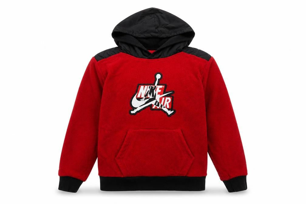 Front view of Nike boys’ red fleece pullover hoodie 10-12 years jordan jumpman logo