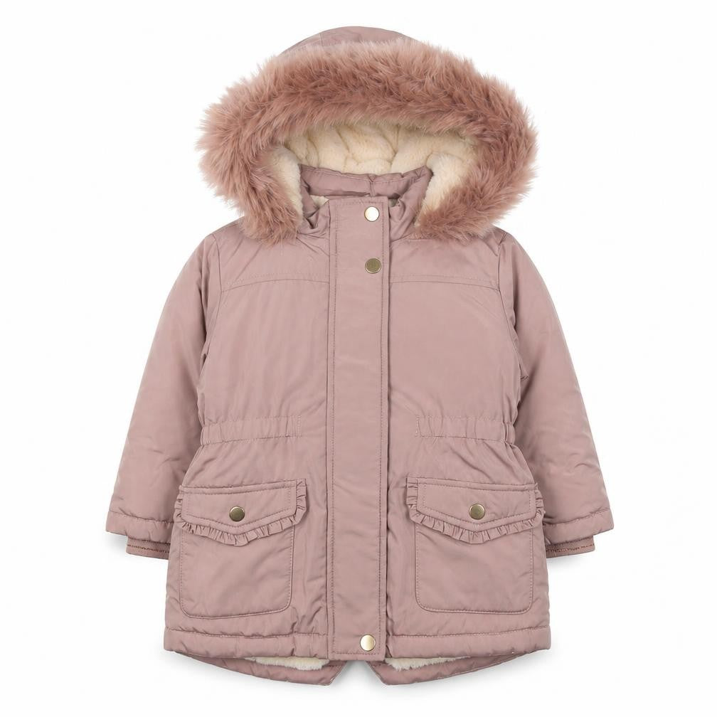 Front view of Next girls’ pink faux fur hooded winter parka coat 12-18 months
