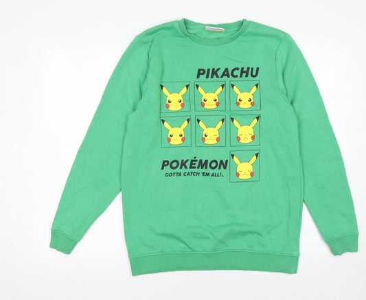 Pokémon Boys Green Pikachu Sweatshirt 14-15 Years Pullover Crew Neck