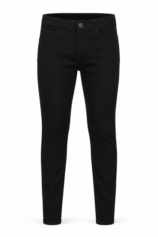 Front view of HERA men’s black skinny jeans 34l cotton blend stretch denim