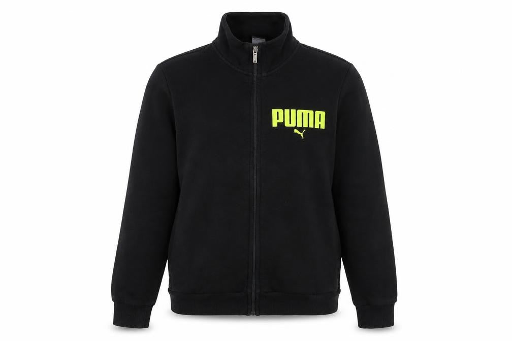 Front view of Puma women’s black full zip hoodie sweatshirt, size L, logo design