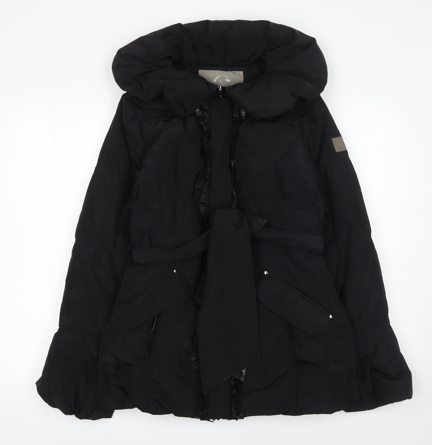 Covered Women Black Belted Puffer Coat Size 10 Winter Hooded Jacket