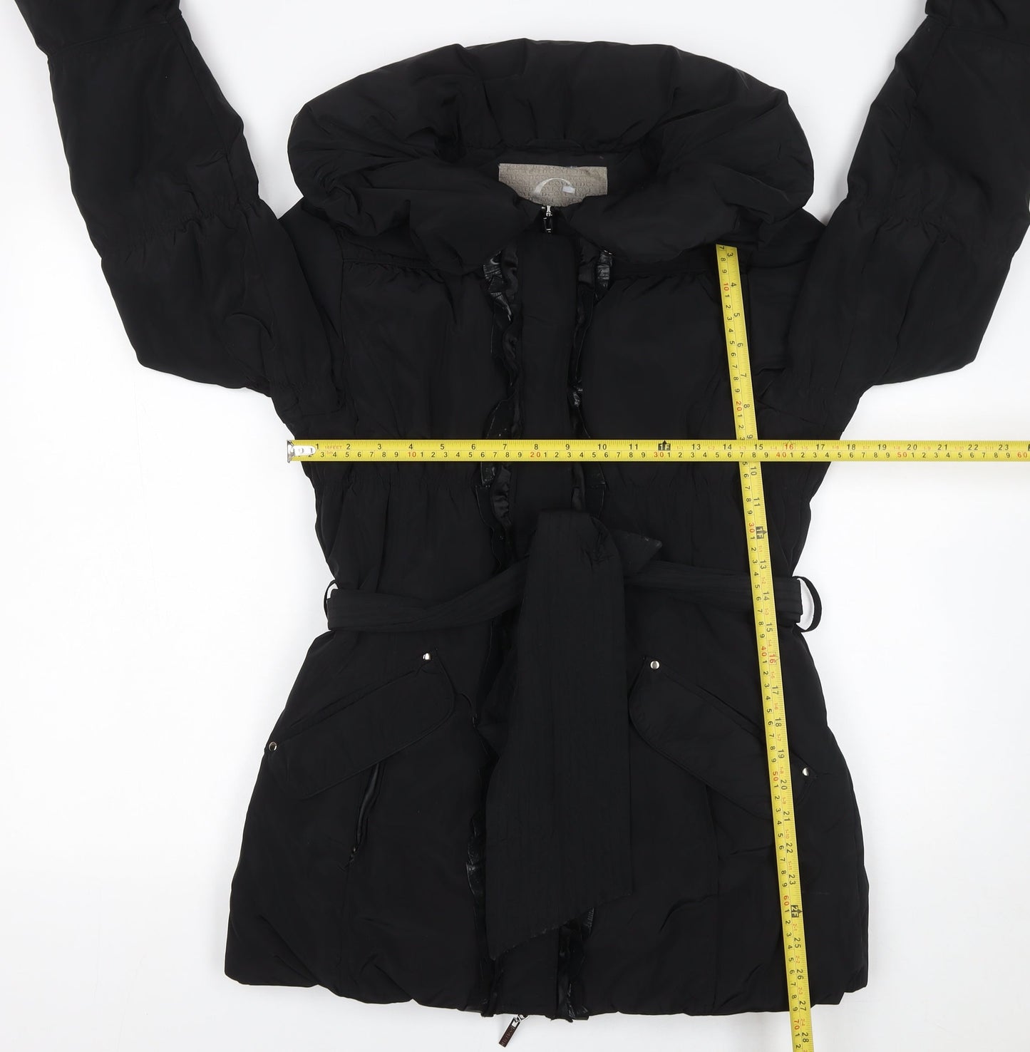Covered Women Black Belted Puffer Coat Size 10 Winter Hooded Jacket