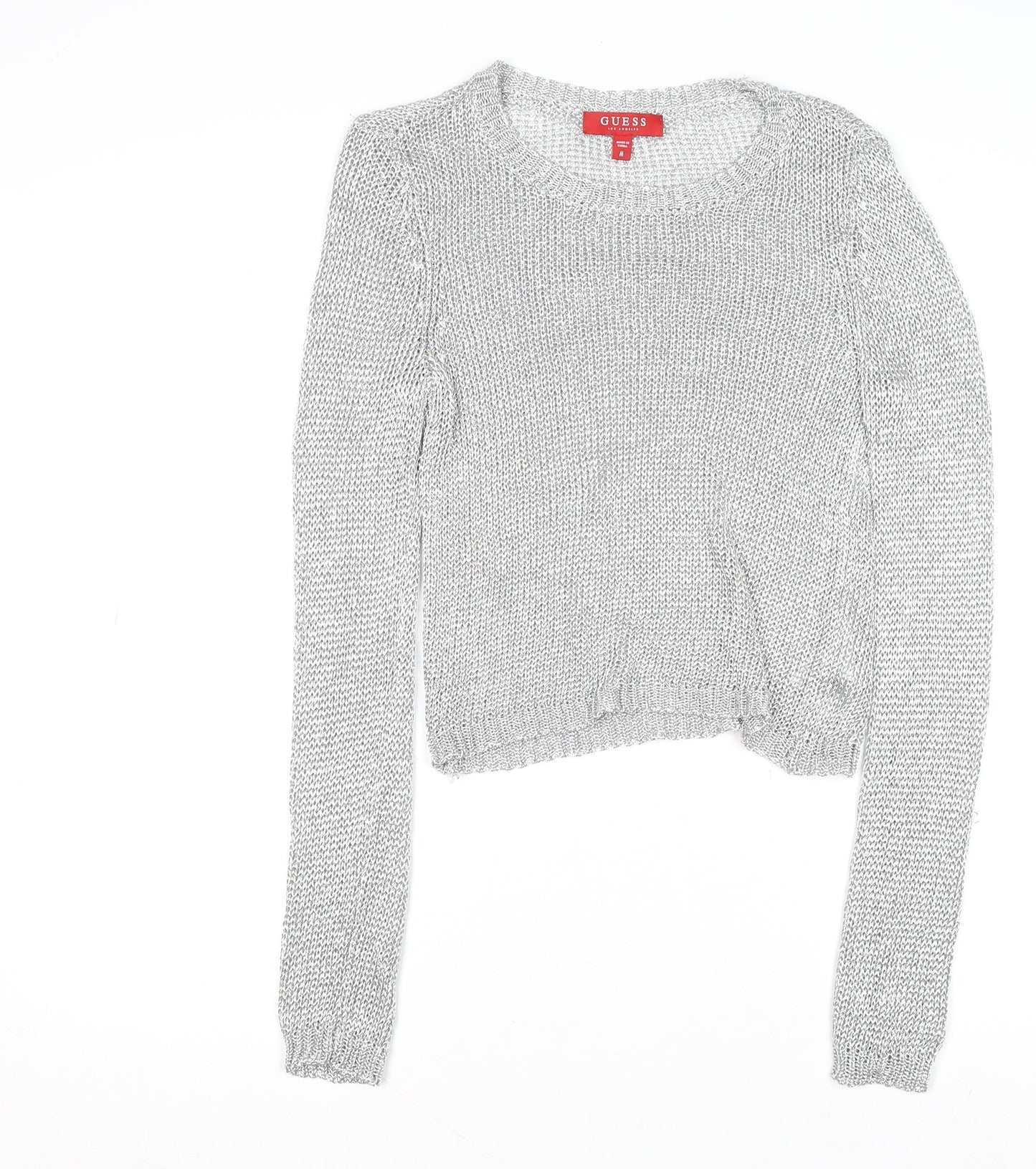 Guess Women's Silver Open-Knit Crew Neck Jumper Size 8