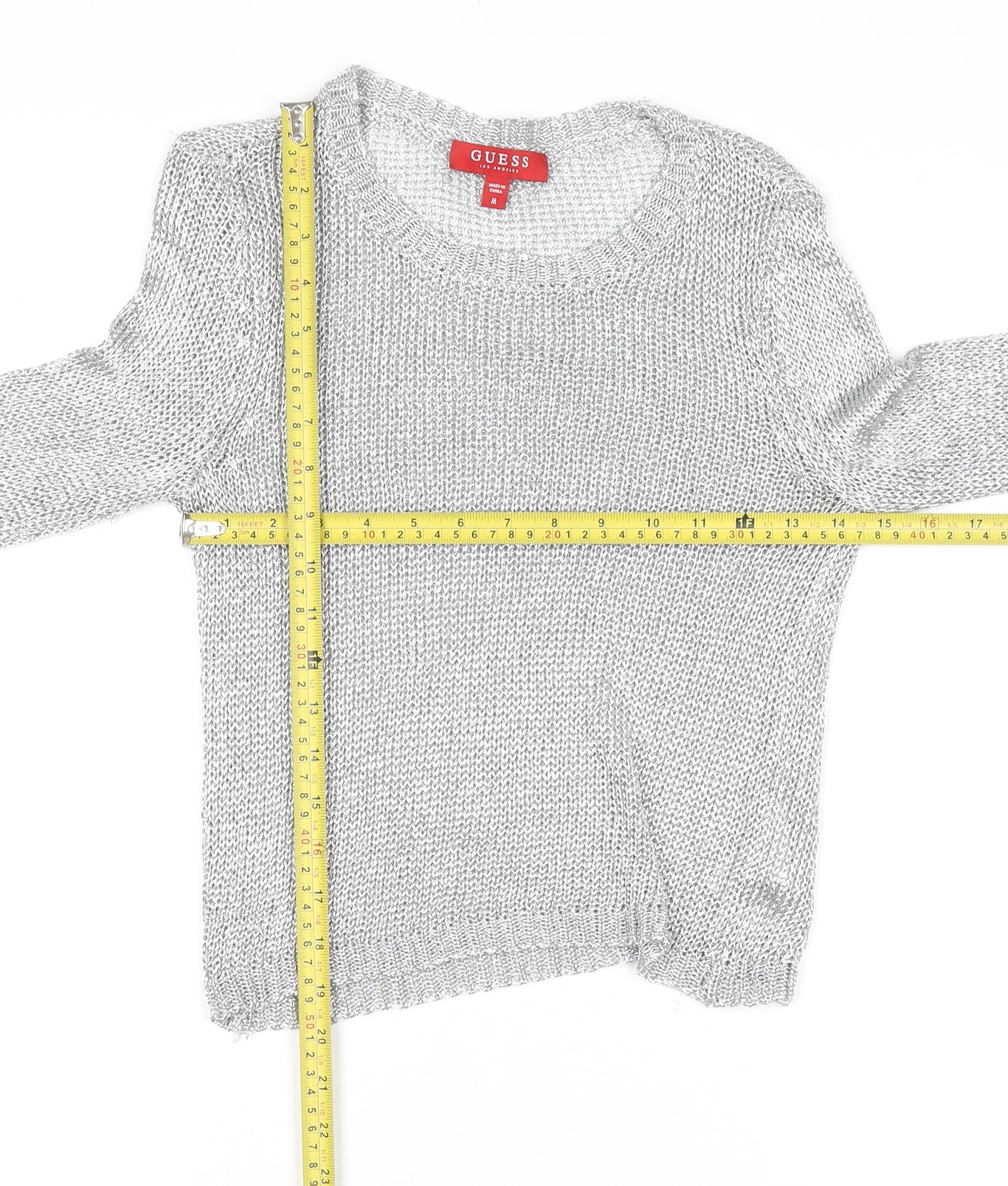 Guess Women's Silver Open-Knit Crew Neck Jumper Size 8
