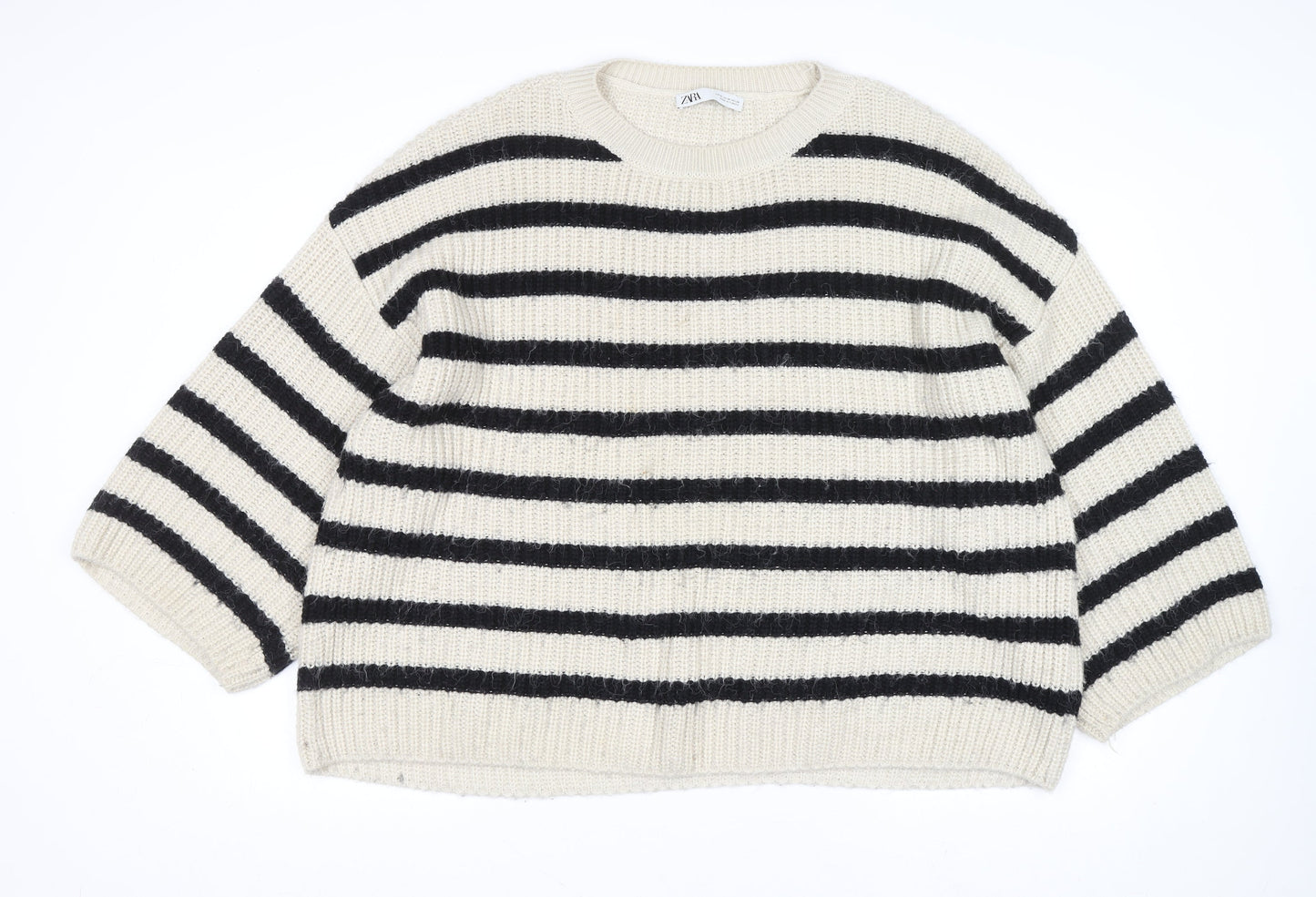 Zara Women Ivory Black Striped Chunky-Knit Pullover Jumper Size 12
