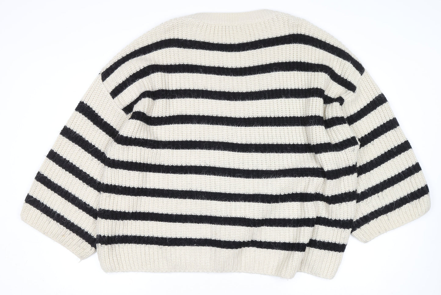 Zara Women Ivory Black Striped Chunky-Knit Pullover Jumper Size 12