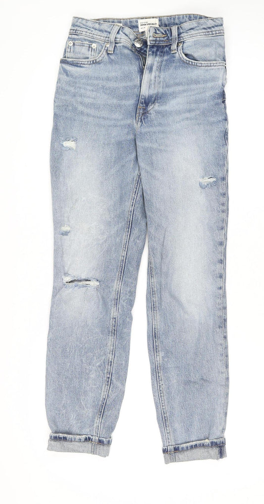 River Island Women Blue Size 6 Mom Distressed High Rise Jeans