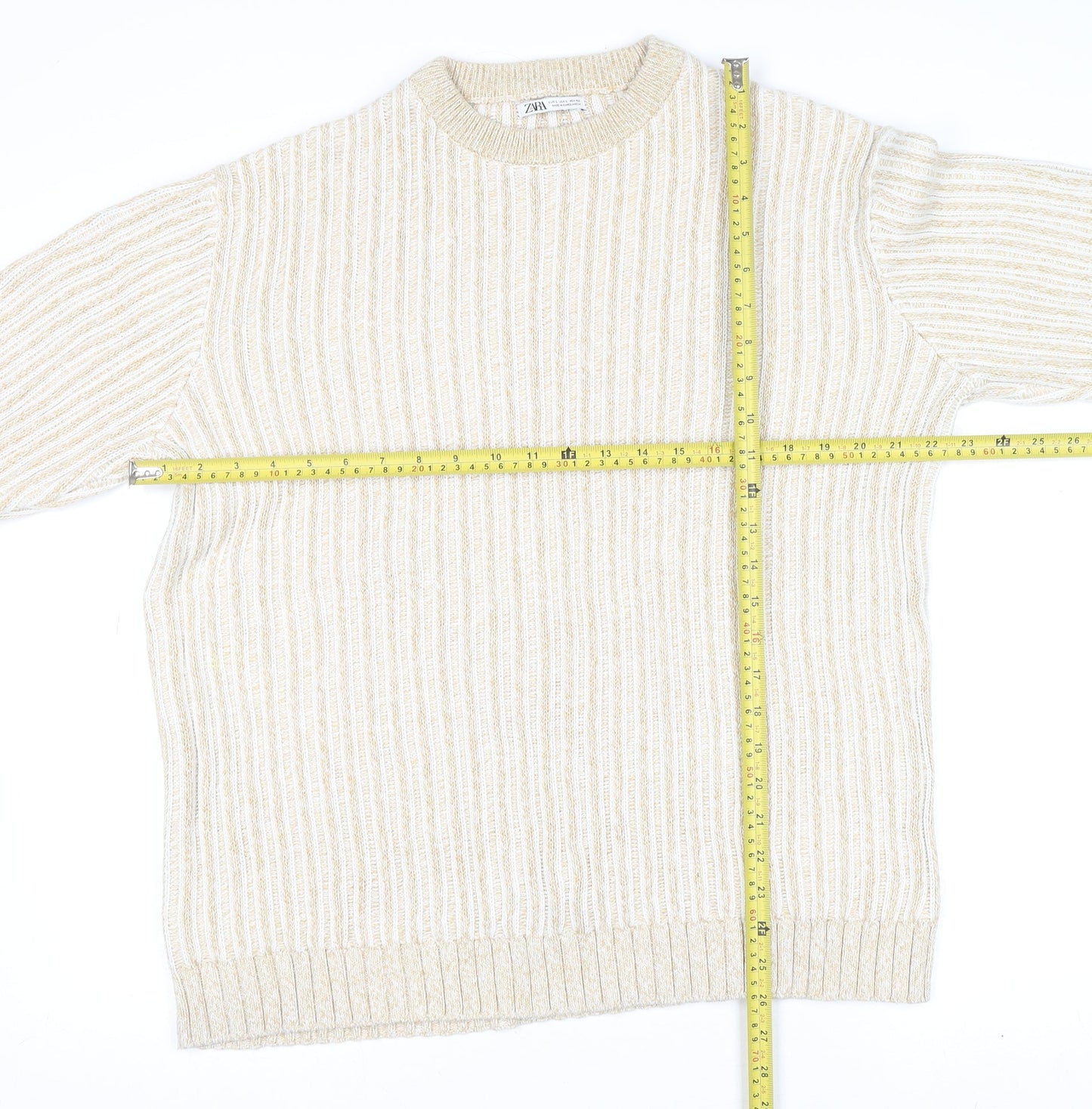 Zara Womens Beige Ribbed Knit Cotton Crew Neck Jumper Size L