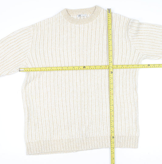 Zara Womens Beige Ribbed Knit Cotton Crew Neck Jumper Size L