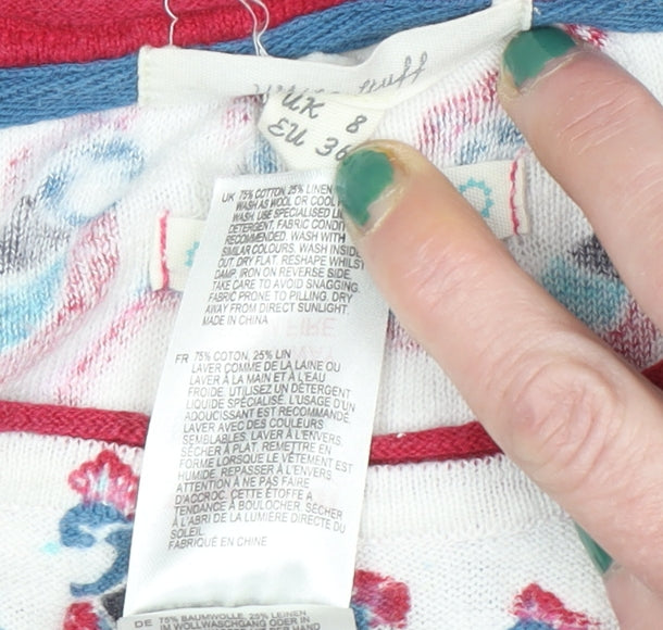 White Stuff Women’s Multicoloured Bird Print Cotton Linen Jumper Size 8
