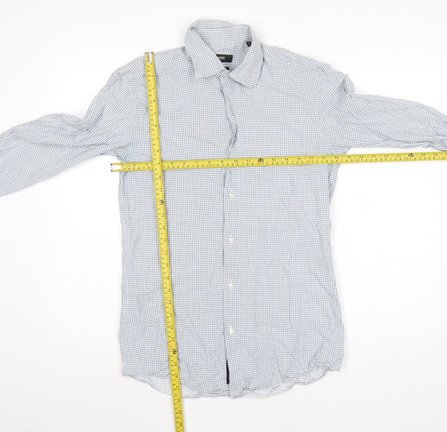 Hugo Boss Men’s Blue Slim Fit Geometric Button-Up Long Sleeve Shirt Size 15