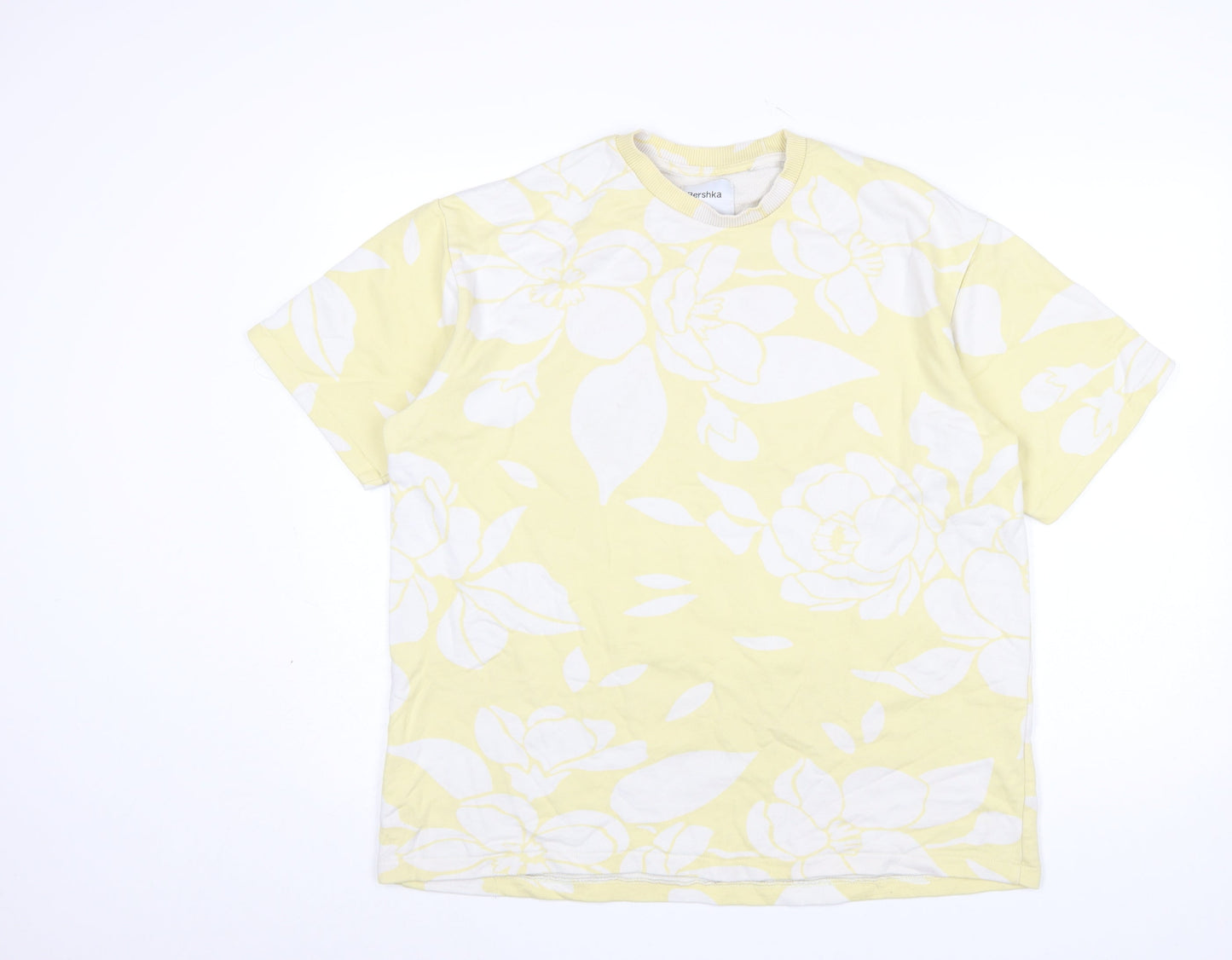 Bershka Men's Yellow Floral Cotton T-Shirt Size M