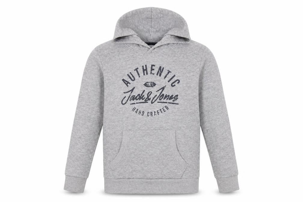 Front view of Jack & Jones boys’ grey pullover hoodie, size 152, cotton blend long sleeve