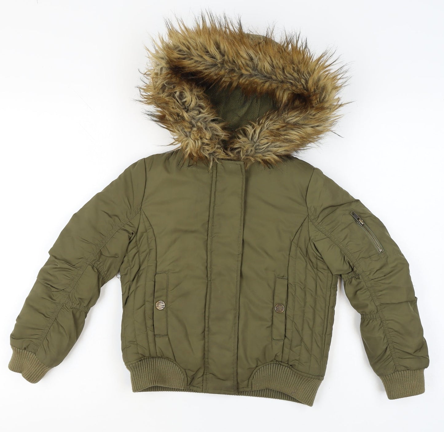 Next Boys Green Hooded Faux Fur Trim Bomber Jacket 7 Years Polyester Lined