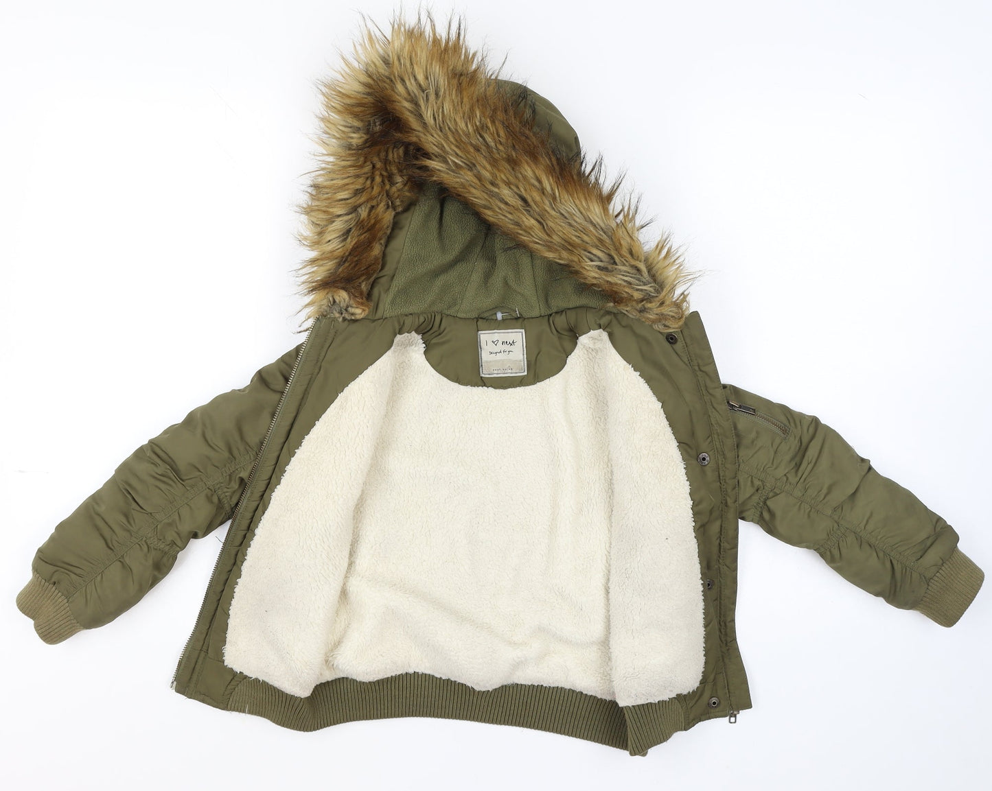 Next Boys Green Hooded Faux Fur Trim Bomber Jacket 7 Years Polyester Lined