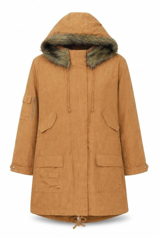 Togener Womens Brown Faux Suede Hooded Parka Coat Size 18