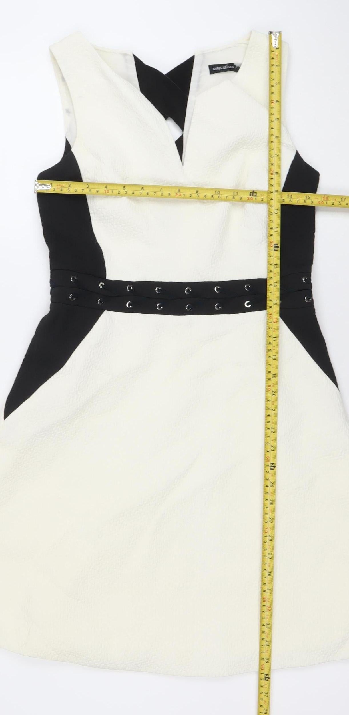Karen Millen Women’s Black White Fit & Flare Sleeveless Knee Dress Size 12