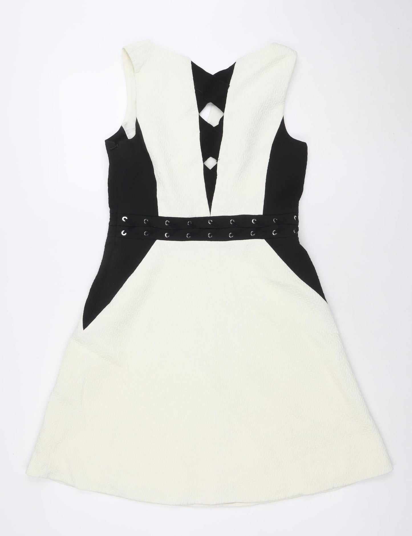 Karen Millen Women’s Black White Fit & Flare Sleeveless Knee Dress Size 12