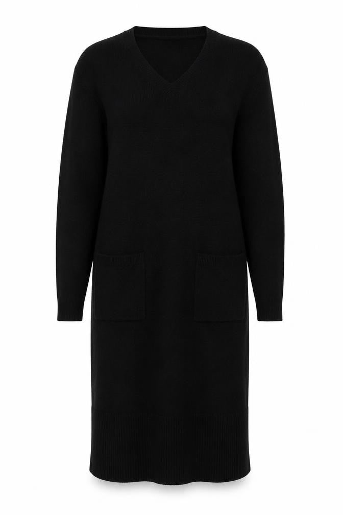 Front view of Papaya Women’s Black, size UK 8, Jumper Dress V-Neck Knit Long Sleeve
