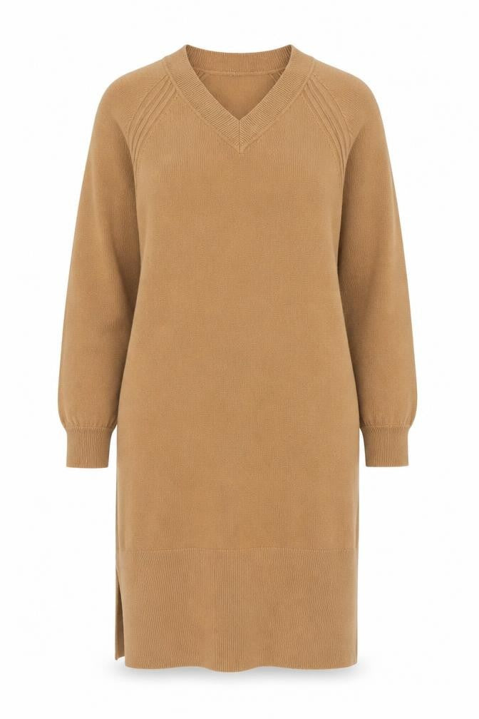 Front view of Papaya Women’s Beige V-Neck Knit Jumper Dress, size UK 8